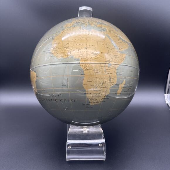 Vintage Mid Century Modern Replogle Lucite Base World Globe 12" Gold Green RARE! - Picture 5 of 9